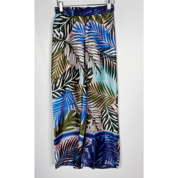 ASOS Design 4 Blue Tropical Border Print Satin Pajama Set Long Sleeve Top Pants - Picture 4 of 16